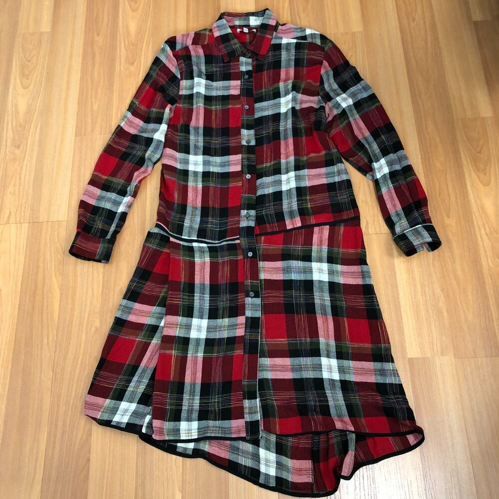 Public School 8 Button Shirt Tunic Dress LS Viscose Wool Shirt Red Black MINT